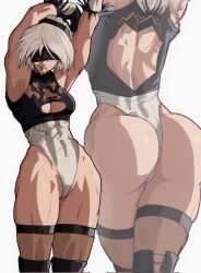 1girls abs armpits arms_up ass back back_view blindfold breasts cleavage cleavage_cutout female female_focus female_only headband leotard muscular muscular_female nier nier:_automata nier_(series) ripped_clothing solo solo_female solo_focus stretching strong thick_thighs toned_ass toned_back white_hair yoracrab yorha_2b