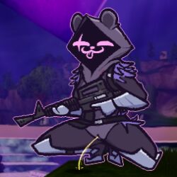 anthro bear bodily_fluids breasts clothed clothing crouching digital_media_(artwork) epic_games eye_scar facial_scar female female/female fortnite fur genital_fluids genitals gun holding_gun holding_object holding_weapon looking_at_viewer mammal nude outside peeing pissing purple_body pussy ranged_weapon raven_team_leader scar smile smug solo tongue urine watersports weapon wendigoop