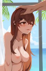 1boy 1girls after_fellatio after_sex blush breasts brown_eyes brown_hair copycat001 cum cum_string eye_scar female girls'_frontline hairclip hand_on_head highres indoors long_hair male nipples nude scar smile solo_focus straight sweat tears ump9_(girls'_frontline)