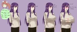 alternate_breast_size background big_breasts breast_expansion breasts breasts_bigger_than_head cleavage doki_doki_literature_club english_text expansion green_eyes huge_breasts long_hair monika_(doki_doki_literature_club) purple_background purple_eyes purple_hair riverpl9 riverplane simple_background text yuri_(doki_doki_literature_club)