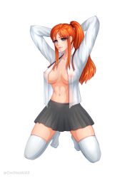 1girls arms_up bleach breasts female grey_eyes hairclip inoue_orihime kneeling looking_at_viewer miniskirt navel nipples open_clothes open_shirt orange_hair owlnotatall ponytail school_uniform see-through sidelocks simple_background skirt smile solo thighhighs white_background white_legwear