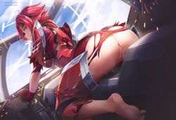 anus ass barefoot bent_over blue_eyes blue_sky bodysuit bone_of_arc breasts clenched_teeth cockpit code_geass english_commentary female glass_cockpit gloves highres kallen_stadtfeld large_breasts looking_at_viewer looking_back mecha patreon_username pussy red_bodysuit red_gloves red_hair robot short_hair sky soles solo sparks teeth torn_bodysuit torn_clothes twitter_username uncensored