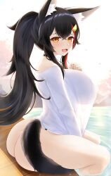 1girls animal_ear_fluff animal_ears ass black_hair blush breasts choker highres hololive hololive_gamers hololive_japan huge_breasts impossible_shirt long_hair looking_at_viewer mhaknow multicolored_hair ookami_mio open_mouth outdoors petals red_hair sideboob sitting smile solo streaked_hair tail very_long_hair virtual_youtuber wading water wolf_ears wolf_girl wolf_tail yellow_eyes