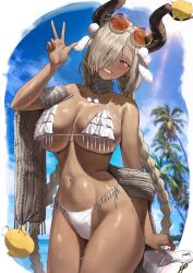 1animal 1girls azur_lane bikini blonde_hair breasts brown_skin dark-skinned_female female gyaru hair_over_one_eye hi_res hips horns huge_breasts kuse_(0201) manjuu_(azur_lane) mole mole_under_mouth navel owari_(azur_lane) peace_sign sakura_empire_(azur_lane) smile sunglasses sunglasses_on_head swimsuit tan tan-skinned_female tanned_skin thick_thighs thighs twin_braids v v_sign wide_hips