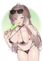 bikini black_bikini black_choker bracelet breasts choker cleavage collarbone commission cowlick criss-cross_halter eyewear_on_head female food green_eyes groin hair_behind_ear halterneck holding holding_food holding_popsicle indie_virtual_youtuber jewelry large_breasts long_hair miori_celesta navel open_mouth popsicle saidasai skeb_commission smile solo sunglasses swimsuit tsunderia very_long_hair virtual_youtuber