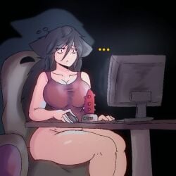 black_hair breasts computer computer_monitor huesosdry looking_back marie_(huesosdry) no_pants pc