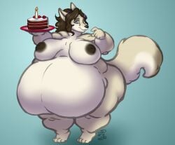 2023 anthro barefoot big_breasts biped blue_background breasts brown_hair cake canid canine dessert feet female food fox hair hanazawa holding_food holding_object mammal nude obese obese_anthro obese_female overweight overweight_anthro overweight_female plate simple_background solo standing