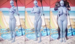 1boy 1girls 3d asari blackedr34 covering_breasts dark-skinned_male dark_skin female interracial large_breasts liara_t'soni looking_at_viewer male mass_effect nipple_piercing queen_of_spades small_breasts swimsuit