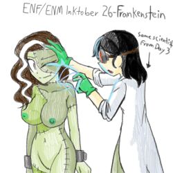 2girls black_hair breasts brown_hair clothed_female_nude_female female female_only frankenstein_(species) inktober inktober_2021 labcoat long_hair medium_hair multiple_girls nairod103098 navel nipples nude nude_female scientist scientist_(nairod103098) white_streak