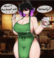 1girls 2022 2d apron apron_only barista big_breasts blush blush_lines blushing_at_viewer breasts coffee coffee_cup color english_text female female_only front_view heterochromia holding_cup holding_object iced_latte_with_breast_milk lactating lactation lactation_through_clothes lactation_without_expressing large_breasts light-skinned_female light_skin looking_at_viewer milk multicolored_hair original painted_nails purple_nails solo solo_female speech_bubble standing sweat sweating sweaty sweaty_breasts sweaty_face text thick_thighs thighs unusual_pupils wide_hips zeni_(zenikitsu) zenikitsu