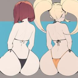 2girls artist_request ass ass_focus back back_view bare_back big_ass big_butt bikini blonde_hair bottom_heavy butt_focus child_bearing_hips danganronpa danganronpa_2:_goodbye_despair danganronpa_s:_ultimate_summer_camp danganronpa_v3 female female_focus female_only flat_chest flat_chested from_behind huge_ass large_ass lineup multiple_girls pear-shaped_figure pear_shaped pear_shaped_female pool poolside red_hair saionji_hiyoko short_hair shortstack simple_background sitting spankable_ass thick_thighs thunder_thighs twintails wide_hips yumeno_himiko