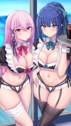 2girls :/ alternate_hairstyle aqua_bow aqua_bowtie aqua_eyes arms_behind_back bandaged_leg bandages bikini black_bikini black_ribbon black_thighhighs blue_hair blue_sky blunt_bangs blush bow bow_bikini bowtie breasts chin_gero cleavage closed_mouth collarbone commentary_request cup detached_collar drink drinking_glass earrings engage_kiss feet_out_of_frame frilled_bikini frilled_sleeves frills garter_straps glint groin hair_between_eyes hair_ornament hair_ribbon hairbow hand_on_own_hip hand_up highres holding holding_tray horizon ice ice_cube indoors jewelry kisara_(engage_kiss) large_breasts long_hair looking_at_viewer maid maid_bikini multi-strapped_bikini multiple_girls navel ocean pink_hair pony_(animal) puffy_short_sleeves puffy_sleeves red_bow red_bowtie red_eyes ribbon short_sleeves side-by-side side-tie_bikini_bottom sky standing stomach swimsuit thighhighs tray two-tone_bikini unconventional_maid very_long_hair white_bikini wrist_cuffs x_hair_ornament yuugiri_ayano