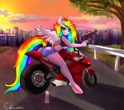 absurd_res alicorn anthro bottomwear brony caliluminos clothing ducati equid equine female gun heckler_&_koch hi_res hkmp5 horn horse improper_handing_of_a_firearm improper_trigger_discipline invalid_tag mammal motorcycle mp5 mp5k panigale pegasus pony ranged_weapon shorts solo top_(disambiguation) vehicle weapon wings ych