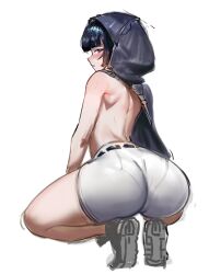 1girls ass back black_hair blunt_bangs blush bob_cut clenched_teeth d_(nikke) from_behind goddess_of_victory:_nikke gomchichan_(artist) hi_res hoodie looking_at_viewer pantylines red_eyes short_hair solo solo_female squatting sweat teeth topless white_shorts