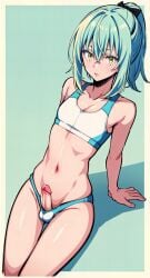 ai_generated all_hail_lord_rimuru femboy light_blue_hair panties penis ponytail rimuru_tempest sports_bra tensei_shitara_slime_datta_ken testicles uncensored yellow_eyes