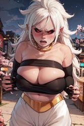 1girls ai_generated android_21 angry angry_face arm_sleeves baggy_clothing baggy_pants bare_shoulders black_clothing black_nails black_sclera blushing blushing_profusely boobs breasts building c21 city clavicle cleavage cleavage_cutout clothed clothes clothing cloud clouds collar collarbone colored_sclera curvy cute detached_sleeves dragon_ball dragon_ball_super dragon_ball_z ear_piercing earrings embarrassed fangs female flowers front_view furrowed_brow furrowed_eyebrows gold_collar gold_earrings gold_jewelry harem_pants hips huge_boobs huge_breasts jewelry large_breasts lips looking_at_viewer love majin_android_21 midriff nail_polish navel night_sky open_mouth outdoors outside pants petals piercing pink_body pink_skin pointy_ears red_eyes sharp_teeth shouting sky skyscraper slightly_chubby slightly_chubby_female smooth_skin solo starry_sky stomach sweatdrop tight_clothes tight_clothing tongue topwear tsundere tummy v-shaped_eyebrows villain villainess wavy_hair white_clothing white_hair white_pants yelling you