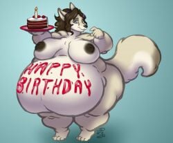 2023 anthro barefoot big_breasts biped blue_background breasts brown_hair cake canid canine dessert feet female food fox furry hair hanazawa holding_food holding_object mammal nude obese obese_anthro obese_female overweight overweight_anthro overweight_female plate simple_background solo standing