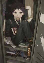 1boy backpack bondage book bound bound_ankles bound_arms bound_legs brown_hair bullying captured clothed danganronpa danganronpa_2:_goodbye_despair gag gagged green_eyes hinata_hajime jump_rope kidnapped locker locker_bondage looking_at_viewer male male_only paper restrained school_uniform schoolboy sitting solo suit tape tape_gag tie tied tied_arms tied_legs tied_up torn_pants