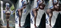 ai_generated ass ass_expansion ass_focus back big_breasts blue_hair blush blush breast_expansion breasts closed_eyes cocogoat_milk full_body fully_clothed ganyu_(genshin_impact) genshin_impact growth heels high_heels highres horns hoyoverse lip_expansion mihoyo milk milking red_heels sequence thick_lips thick_thighs thigh_expansion