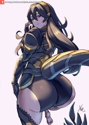 1girls armor artist_name ass ass_focus bare_thighs barefoot black_panties blonde_hair corrin_(fire_emblem) corrin_(fire_emblem)_(female) female female_only fire_emblem fire_emblem_fates hair_ornament hairband highres inner_thighs large_ass light_skin looking_at_viewer looking_back panties pointy_ears red_eyes solo tail thighs underwear watermark xhaart