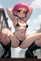 ai_generated armpits arms_behind_head arms_up bikini black_bikini black_eyes black_footwear blue_sky blush boots breasts cameltoe choker closed_mouth cloud day female looking_at_viewer medium_breasts micro_bikini navel outdoors panties partially_visible_vulva pink_hair pussy ramona_flowers scott_pilgrim short_hair sky smile solo spread_legs squatting sweat swimsuit thighs v-shaped_eyebrows