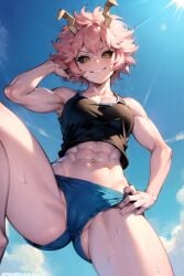 abs ai_generated aiposter belly cameltoe from_below gym_clothes gym_shirt gym_shorts gym_uniform horn looking_at_viewer midriff mina_ashido muscular my_hero_academia pink_hair smirk sun sunlight