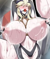 arms_up artoria_pendragon_(fate) artoria_pendragon_(lancer_alter) artoria_pendragon_(lancer_alter)_(fate) ball_gag big_breasts black_bodysuit black_horns blonde_hair blush bodysuit bondage breasts crying crying_with_eyes_open fate/grand_order fate_(series) female femsub gag gagged highres horns huge_breasts kloah lactation large_breasts navel nipple_clamps nipples pussy_juice ribbed_bodysuit saliva solo sweat tears turtleneck_bodysuit yellow_eyes