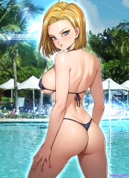 android_18 ass back bare_shoulders beach_umbrella bikini black_bikini blonde_hair blue_eyes blue_sky bob_cut breasts butt_crack closed_mouth cloud day dragon_ball dragon_ball_z earrings female forehead from_behind highres jewelry large_breasts looking_back outdoors oyaman pool short_hair sideboob sky smile solo swimsuit thong_bikini tree umbrella