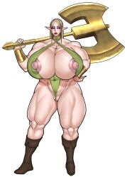 1girl 1girls axe bimbo boots breasts cameltoe elf female hairy_pussy holding_weapson large_nipples makeup massive_ass massive_breasts massive_hips massive_nipples massive_thighs nipples nipples_visible_through_clothing older_female original original_character pussy simple_background solo solo_female stubble suyasususu tits tits_out venus_body weapon white_background