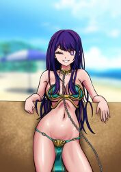 beach hoshino_ai idol loincloth oshi_no_ko pelvic_curtain purple_hair slave_bikini slave_leia_(cosplay) smile star_eye star_eyes zarohidehire
