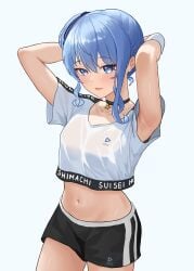 1girls armpits black_shorts blue_eyes blue_hair blush breasts diptip hair_between_eyes hololive hololive_gen_0 hololive_japan hoshimachi_suisei navel open_mouth smile solo star_in_eye thighs virtual_youtuber white_shirt