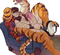 2023 23:21 abs aloha_shirt anthro balls bara beefy biceps bodily_fluids brown_hair chair chest_tuft claws clothes_on_floor clothing clothing_around_one_leg cum daddy erection eyewear felid finger_claws floral_pattern fukai_kasai fur furniture genital_fluids genitals hair hand_above_head hi_res imato jockstrap khaki_pants leaking_cum male male_focus male_only mammal manly muscular muscular_anthro muscular_arms muscular_male muscular_thighs nipples on_chair orange_body orange_fur pantherine pants_on_floor pattern_clothing pattern_shirt pattern_topwear pawpads pecs penis pubes red_clothing red_shirt red_topwear shirt simple_background sitting sitting_on_chair smile solo striped_body striped_fur stripes sunglasses tiger toe_claws topwear tuft unbuttoned_shirt underwear underwear_around_one_leg white_background white_clothing white_jockstrap white_underwear