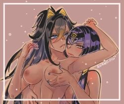 2girls aoiabyss big_breasts black_hair breast_grab breasts candace_(genshin_impact) dark-skinned_female dark_skin dehya_(genshin_impact) female female_only fondling from_behind from_behind_position genshin_impact long_hair multiple_girls nipples nude purple_hair watermark yuri