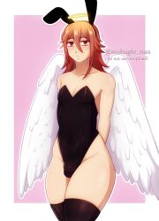 1boy 2023 angel_devil_(chainsaw_man) angel_wings arms_behind_back black_thighhighs bulge bunny_ears bunny_ears_(cosmetic) bunnysuit chainsaw_man femboy gay girly halo hi_res long_hair looking_at_viewer male male_only midnight_rian orange_hair penis_bulge red_eyes solo thick_thighs thighhighs watermark wings