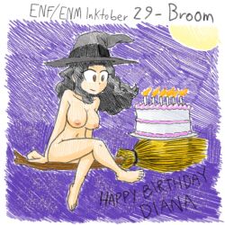 1girls barefoot birthday birthday_cake black_hair breasts broom_riding broomstick cake completely_nude completely_nude_female diana_(dianaladyshy) dianaladyshy female female_only inktober inktober_2021 long_hair nairod103098 navel nipples nude nude_female solo witch_hat