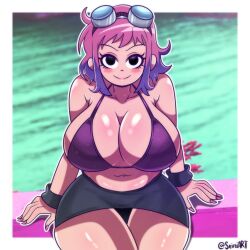 big_breasts big_thighs bikini blush breasts cleavage glasses_on_head huge_breasts looking_at_viewer pink_hair ramona_flowers rosy_cheeks scott_pilgrim seireiart short_hair skirt smile smiling smiling_at_viewer tagme thick_hips thick_thighs thighs