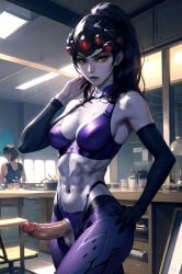 1futa abs ai_generated balls cleavage colored_skin dark_blue_hair erection futa_only futanari hand_on_cheek hand_on_head hand_on_hip head_mounted_display long_gloves long_hair long_sleeves navel overwatch penis penis_through_leghole ponytail purple_skin redbisycle sports_bra veiny_penis widowmaker yellow_eyes yoga_pants