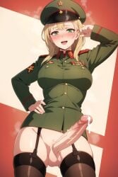 1futa ai_generated aroused big_penis black_garter_straps black_legwear black_lingerie black_stockings blonde_hair blush breasts cum_drip cumdrip drunk erect_penis erection female_soldier futa_only futanari futanari_solider garter_straps heavy_breathing large_penis legwear lingerie looking_at_viewer military military_hat military_jacket military_uniform musk musk_clouds musky_cock no_pants open_mouth penis precum skindentation smile solo solo_futa soviet stockings testicles veiny_penis