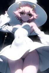 ai_generated aiposter crazy_eyes dark from_below horn lamppost looking_at_viewer mina_ashido my_hero_academia night no_panties pink_hair white_dress white_hat