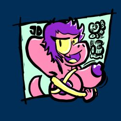 1girls anthro artist_initials artist_request bandage big_breasts breasts dragon eyelashes female female_only green_background icon jimothy_dickerman maya_script motion_lines navy_blue_background nipples nostrils open_mouth pink_body purple_eyes scalie simple_background simple_coloring simple_eyes smile smiling_at_viewer solo tail text user_avatar wingless_dragon