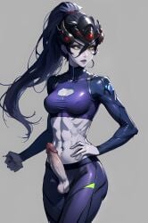 1futa abs ai_generated balls cleavage_cutout colored_skin dark_blue_hair erection futa_only futanari head_mounted_display long_hair long_sleeves overwatch penis penis_through_leghole ponytail purple_skin redbisycle sports_bra tattoo veiny_penis widowmaker yellow_eyes yoga_pants