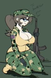 assault_rifle big_breasts cleavage deatthot_(character) digital_camouflage freckles glasses military_boots military_cap rose_dax rosededax wide_hips