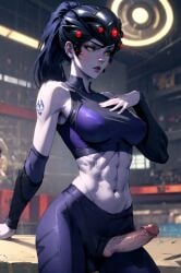 1futa abs ai_generated arm_bracers arm_tattoo colored_skin cum cum_dripping_from_penis dark_blue_hair erection futa_only futanari hand_on_chest head_mounted_display long_hair overwatch penis penis_through_leghole ponytail purple_skin redbisycle sports_bra tattoo veiny_penis widowmaker yellow_eyes yoga_pants