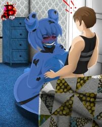 ! bedroom big_breasts big_butt big_thighs big_tits bladgf blue_body blue_hair blush bonnie_(fnaf) crying_child_(fnaf) five_nights_at_freddy's five_nights_at_freddy's_4 five_nights_in_anime masturbation milf nightmare_bonnie rule_63 scary short_hair size_difference smile standing straight