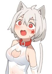 animal_ears blush cat_ears cat_tail catgirl collar daebom fangs flushed kemonomimi leotard m18_hellcat medium_breasts nekomimi open_mouth patreon red_collar red_eyes short_hair tagme tail war_thunder wet_clothes white_hair white_leotard worried