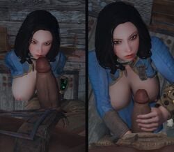 3d angry_face bethesda_softworks bomb_collar computer dick electronics exposed_breasts fallout handjob kneeling_female pip-boy screenshot straight vault_dweller vault_suit wristwear