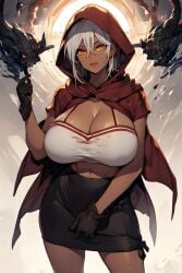 1girls ai_generated big_breasts breast_expansion breasts cleavage cloak dark-skinned_female dark_skin female grey_hair hood hood_up huge_breasts human jojo's_bizarre_adventure mariah_(jjba) rin8608 short_hair shounen_jump skirt solo stardust_crusaders tank_top villainess white_hair