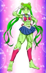 1girls abs big_breasts bishoujo_senshi_sailor_moon clothing darling-sama female female_only green_hair green_skin hulked_out midriff muscles muscular muscular_female ripped_clothing sailor_moon skirt small_breasts solo thick_thighs thighs torn_clothes usagi_tsukino