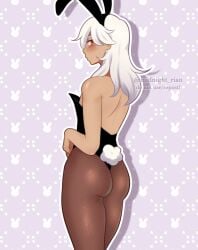 1boy 2023 ass blush bunny_ears bunny_tail bunnysuit cyno_(genshin_impact) femboy genshin_impact girly hi_res long_hair looking_at_viewer looking_back looking_back_at_viewer male male_only midnight_rian orange_eyes pantyhose rear_view solo watermark white_hair