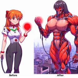 abs ai_generated asuka_langley_sohryu before_and_after corruption female giantess giantess_growth growth horror huge_ass huge_breasts monsterification muscle_growth muscular_female mutation neon_genesis_evangelion razrmann thick_thighs transformation wide_hips